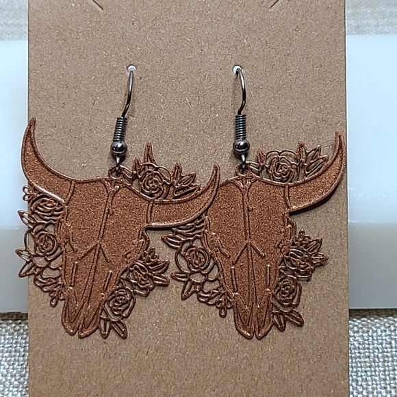 Copper Bull Skull Earrings - Picture 1 of 1